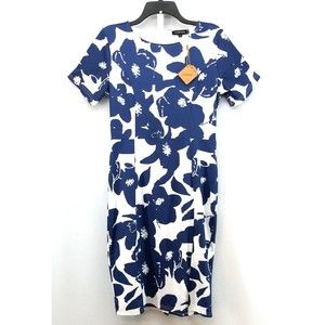 Fortric Dress Womens Size M Blue White Floral Pattern Short Sleeve Zip Back Midi